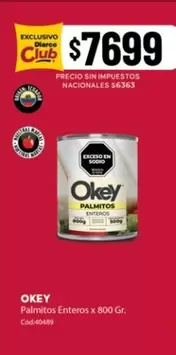 Okey - Palmitos Enteros x 800 Gr. Cod:40489