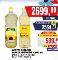 Molto - ACEITE GIRASOL MAROLIO/MOLTO x 900 cc. Cod: 328-20019