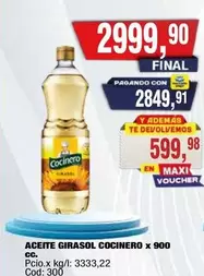 Cocinero - ACEITE GIRASOL COCINERO x 900 cc. Cod: 300