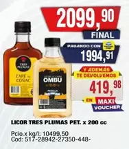 Tres Plumas - LICOR TRES PLUMAS PET. x 200 cc