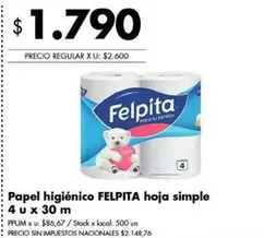 Felpita - Papel higiénico hoja simple