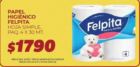 Felpita - PAPEL HIGIÉNICO HOJA SIMPLE, PAQ. 4 X 30 MT.