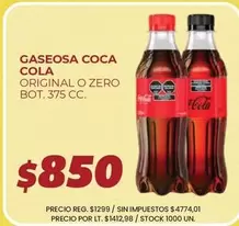 Coca cola - GASEOSA ORIGINAL O ZERO BOT. 375 CC.