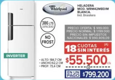 Whirlpool - HELADERA MOD. WRM42MBDIM BLANCA