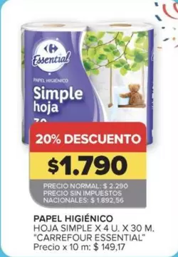 Carrefour - PAPEL HIGIÉNICO HOJA SIMPLE X 4 U.