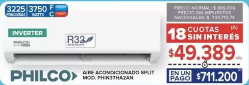 Philco - AIRE ACONDICIONADO SPLIT MOD. PHIN37HA2AN