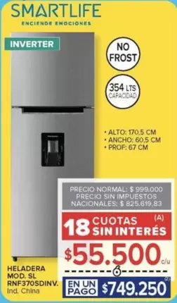 Smartlife - HELADERA MOD. SL RNF370SDINV.