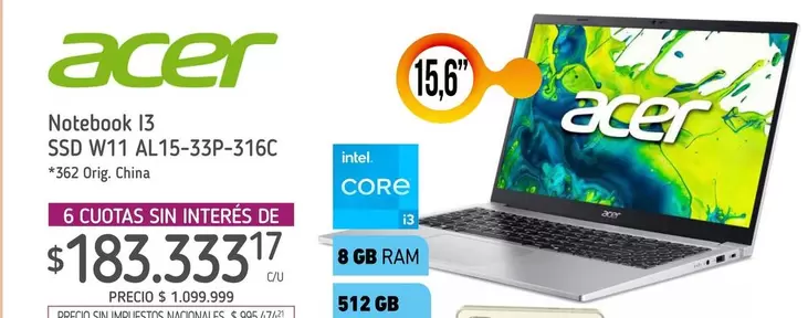 Acer - Notebook i3 SSD W11 AL15-33P-316C