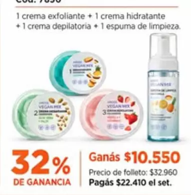32 - 1 crema exfoliante + 1 crema hidratante + 1 crema depilatoria + 1 espuma de limpieza