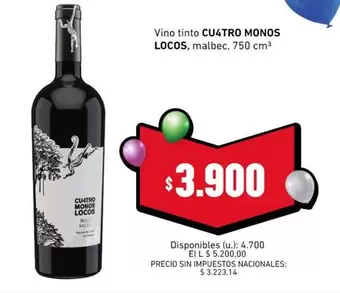 Malbec - Vino tinto CUATRO MONOS LOCOS, malbec