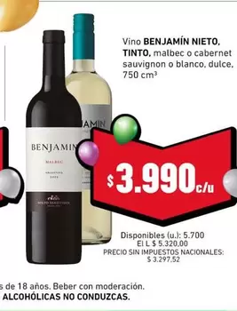 Benjamín Nieto - Vino Tinto, Malbec o Cabernet Sauvignon o Blanco, Dulce