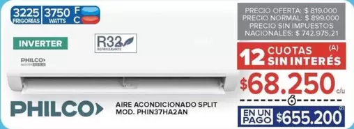 Philco - AIRE ACONDICIONADO SPLIT MOD. PHIN37HA2AN