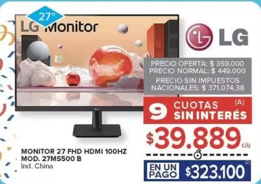 LG - MONITOR 27" FHD HDMI 100HZ MOD. 27MS500 B