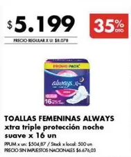 Always - TOALLAS FEMENINAS XTRA TRIPLE PROTECCION NOCHE SUAVE
