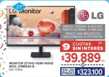 LG - MONITOR 27 FHD HDMI 100HZ MOD. 27MS500 B