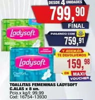 Ladysoft - TOALLITAS FEMENINAS LADYSOFT C.ALAS x 8 un. Pcio.x kg/l: 99,99 Cod: 16754-13930