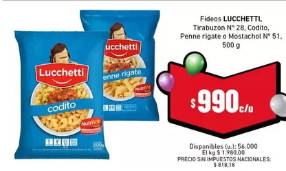 Lucchetti - Fideos , Tirabuzón N° 28, Codito, Penne rigate o Mostachol N° 51