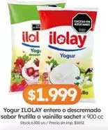 Ilolay - Yogur entero o descremado sabor frutilla o vainilla sachet