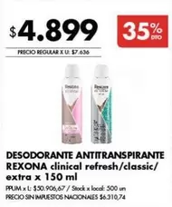 Rexona - DESODORANTE ANTITRANSPIRANTE clinical refresh/classic/