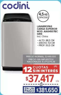 Codini - LAVARROPAS CARGA SUPERIOR MOD. AIAS4507BC GRIS
