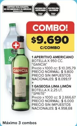 Gancia - APERITIVO AMERICANO BOTTELLA X 950 CC + GASEOSA LIMA LIMÓN BOTTELLA X 2.25 LT