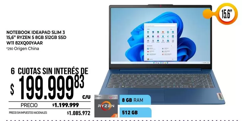 Lenovo - NOTEBOOK IDEAPAD SLIM 3 15.6" RYZEN 5 8GB 512GB SSD W11 82XQ00VYAAR