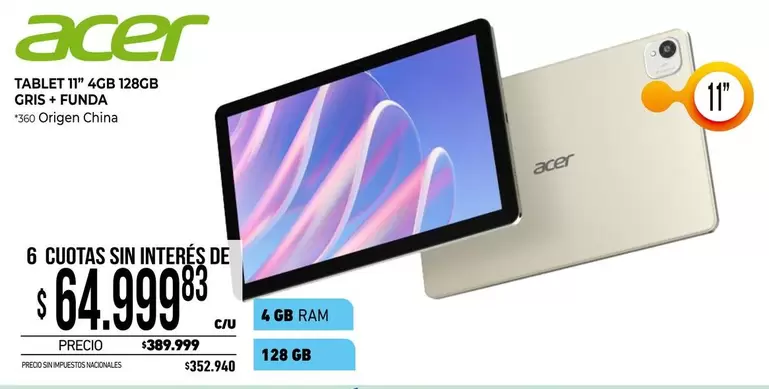 Acer - TABLET 11" 4GB 128GB GRIS + FUNDA