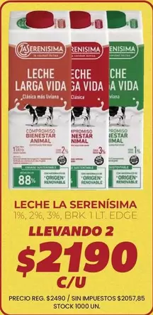 La Serenísima - LECHE LARGA VIDA 1%, 2%, 3% BRK 1 LT