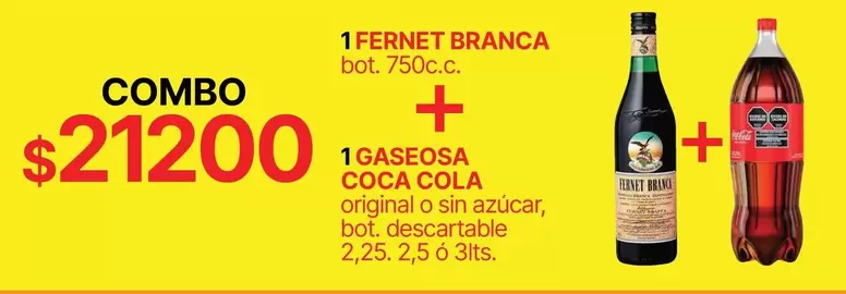 Coca cola - FERNET BRANCA bot. 750cc. + GASEOSA COCA COLA original o sin azúcar, bot. descartable 2,25. 2,5 ó 3lts.