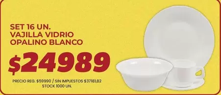 SET 16 UN. VAJILLA VIDRIO OPALINO BLANCO