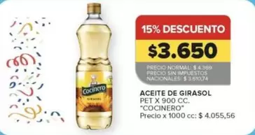 Cocinero - ACEITE DE GIRASOL PET X 900 CC.