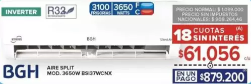 BGH - AIRE SPLIT MOD. 3650W BSI37WCNX
