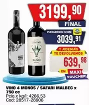 X$ - VINO 4 MONOS / SAFARI MALBEC x 750 cc