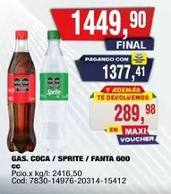 Coca cola - GAS. COCA / SPRITE / FANTA 600 cc