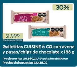 Cuisine - Galletitas con avena y pasas/chips de chocolate x 186 g