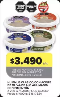 Carrefour - HUMMUS CLÁSICO/CON ACEITE DE OLIVA/DE AJO AHUMADO/CON PIMENTÓN