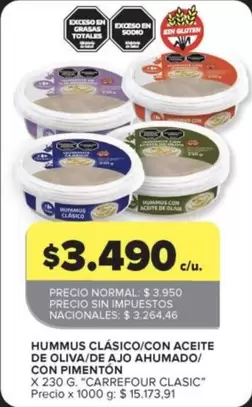 Carrefour - HUMMUS CLÁSICO/CON ACEITE DE OLIVA/DE AJO AHUMADO/CON PIMENTÓN