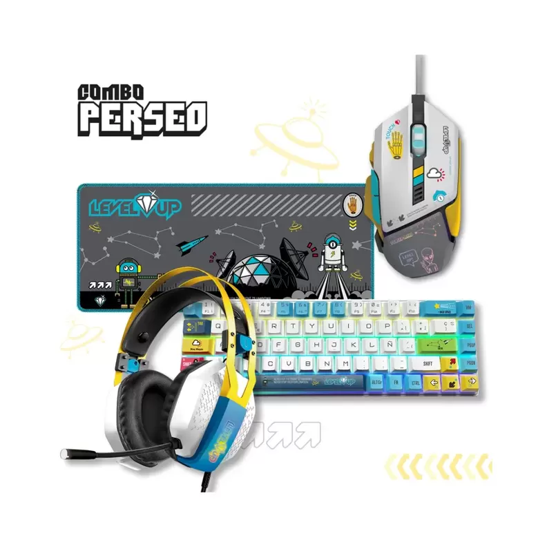 Combo Gamer con Teclado, Mouse, Auriculares y Mousepad – Level Up