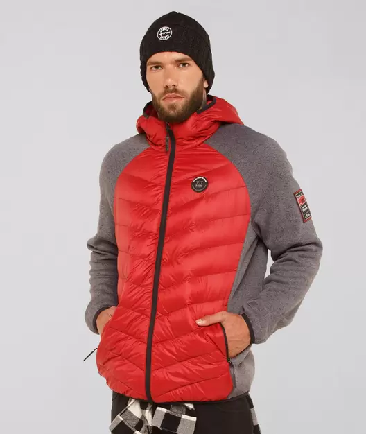 Campera puffer microfibra softshell combinada con mangas en friza jaspeada a contratono