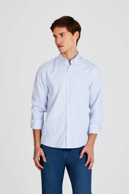 Camisa sport a cuadros celeste claro