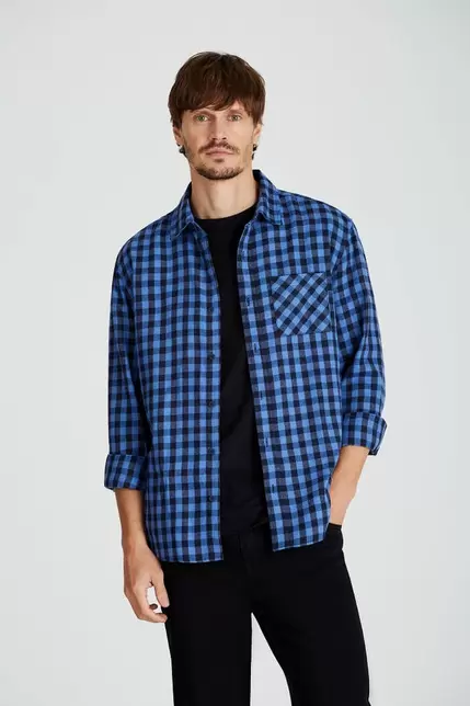 Camisa viyela cuadros azul francia
