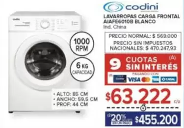 Codini - LAVARROPAS CARGA FRONTAL AJA FE6010B