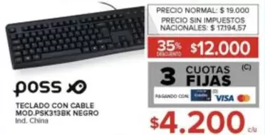 Poss - TECLADO CON CABLE MOD.PSK313BK NEGRO