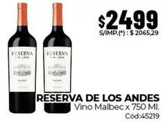 Reserva de los Andes - Vino Malbec x 750 Ml. Cód:45219