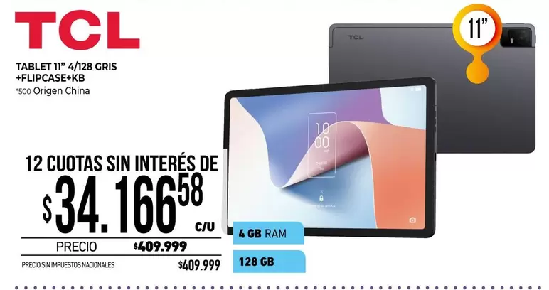 TCL - TABLET 11" 4/128 GRIS +FLIPCASE-KB