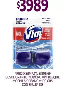 Vim - DESODORANTE INODORO VIM BLOQUE MOCHILA OCEANO X 100 GRS