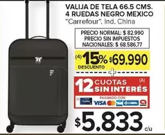 Carrefour - VALIJA DE TELA 66.5 CMS. 4 RUEDAS NEGRO MEXICO