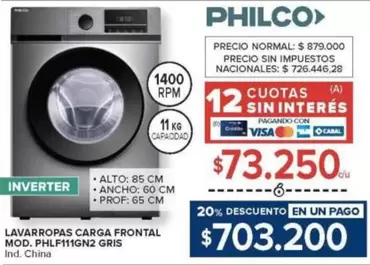 Philco - LAVARROPAS CARGA FRONTAL MOD. PHLF111GN2 GRIS