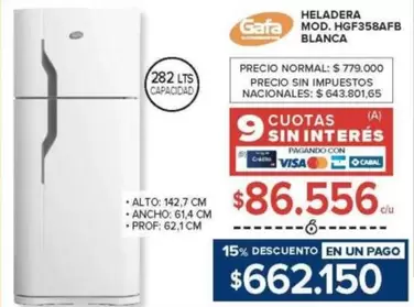 Gafa - HELADERA MOD. HGF358AFB BLANCA
