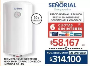 Señorial - TERMOTANQUE ELÉCTRICO MOD. ZAFIRO CONEXIÓN INFERIOR 30 LTS.